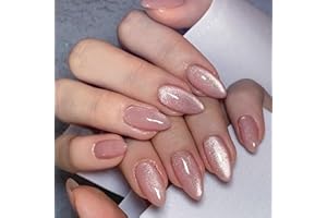 CTTHNBD Almond Press on Nails Medium Fake Nails Pink False Nails with Design Glitter Glue on Nails Glossy Acrylic Nails Full Cover Stick on Nails Shiny Artificial Nails for Women Manicure 24Pcs