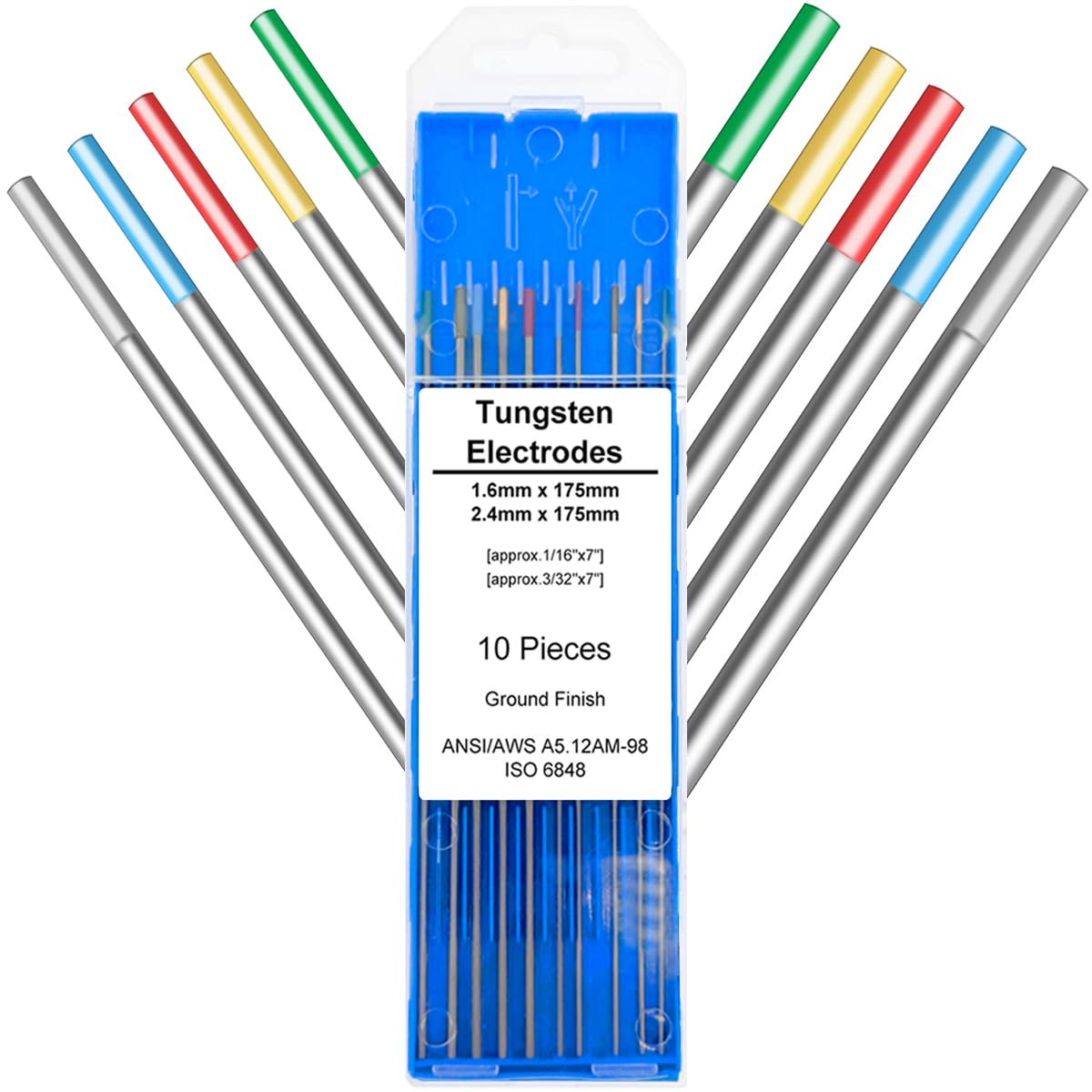 EATBALE for TIG Welding Tungsten Electrodes Mix Packaging 2.4/1.6 x 175 mm, 2pcs Pure Tungsten, 2pcs 2% Cerium(Grey), 2pcs 1.5% Lanthanum(Gold), 2pcs 2% Lanthanum(Blue), 2pcs 2% Thorium(Red) (10 Pack)