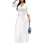 Mrskoala Women Plus Size Long Maxi Wrap Dresses Summer Sundress V-Neck 3/4 Sleeve White XXXL