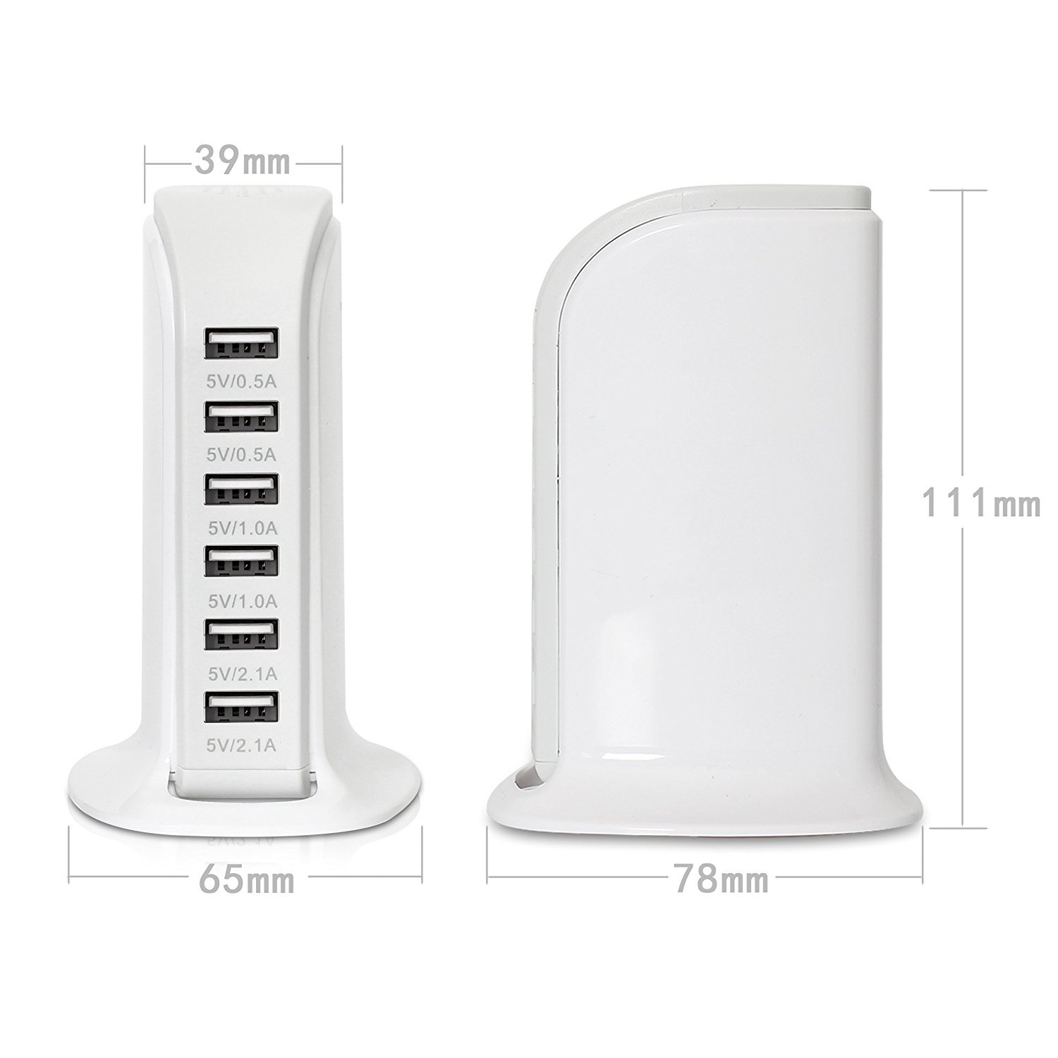 Multiple USB Tower Power Adapter 6-Ports Fast Charging Station for Apple iPhone X/XS/XR/XS MAX/ 8/7/6/6S Plus 5S iPad Pro Air Mini Samsung Galaxy S9 S8 Plus Note 8 5 S7 and More(White)