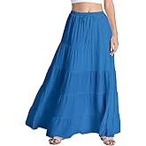 EG CHRIS G White Maxi Skirt for Women Casual Elastic Waist A-Line Pleated Summer Boho Beach Long Skirt