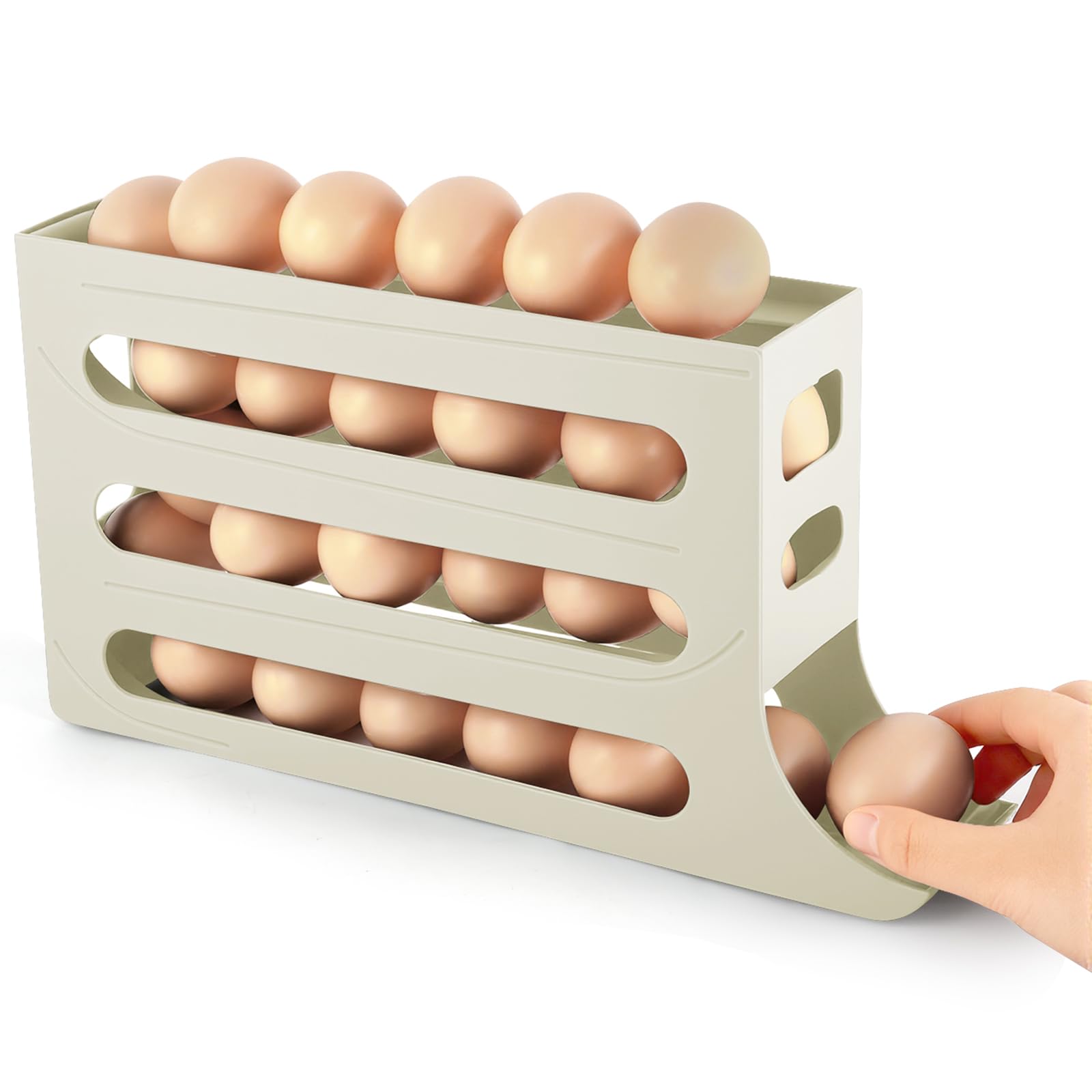 HOTUT 4 Tier Egg Holder for Fridge,Rolling Egg Dispenser Rack,Space Saving Egg Tray,Auto Rolling Fridge Egg Organizer,Automatically Rolling Egg Storage Container for Kitchen Refrigerator Table (White)