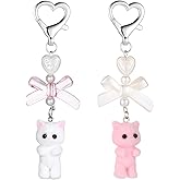 2 PCS Cute Cat Keychain, White and Pink Fuzzy Kitty Keychains Cute Cat Keychain Purse Charms, Aesthetic Y2k Keychains Heart Bow Pendent Cats Decor Gifts Pendent for Women Girls Kawaii Cats Bag Charm