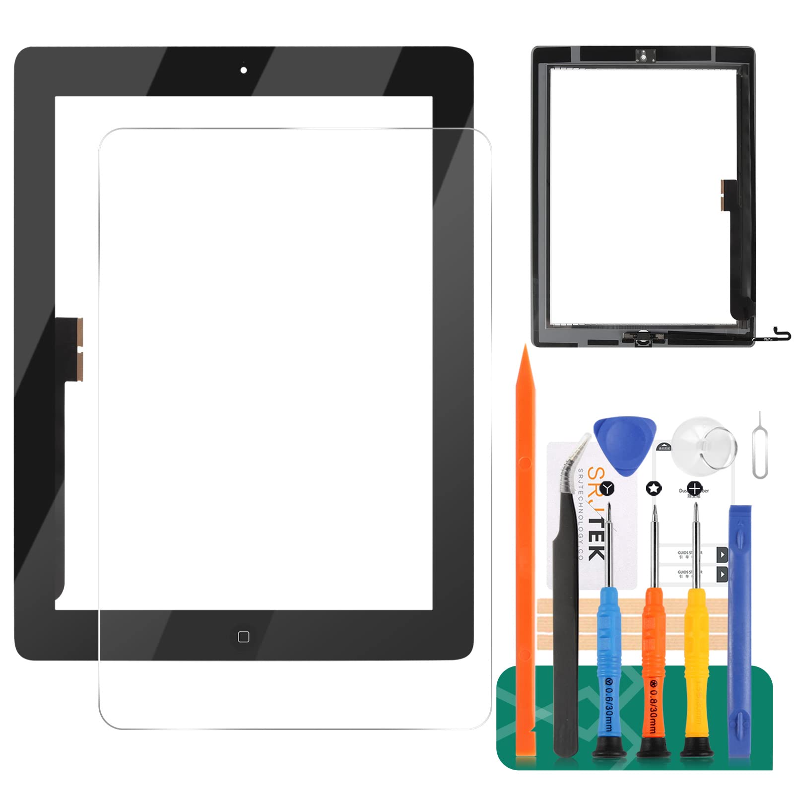 SRJTEK For IPad 4 Touch Screen Digitizer Glass Replacement,For iPAD 4 4th A1458 A1459 A1460 Touch Display Panel Repair Parts Kit,with Tempered Glass+Tools+Home Button(Not include LCD) (Black)
