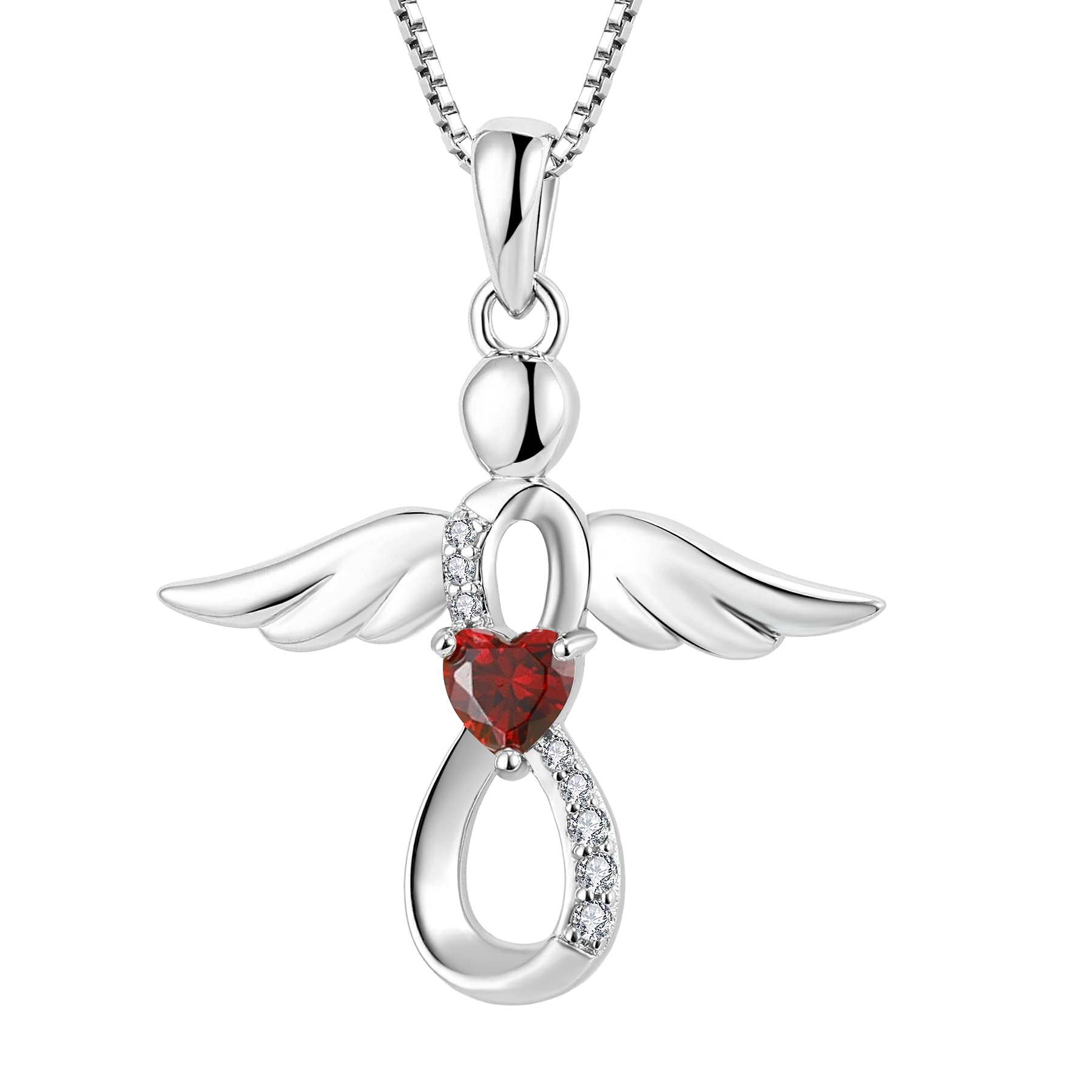 FJ Guardian Angel Necklace 925 Sterling Silver Infinity Pendant Garnet Necklace January Birthstone Jewellery for Women