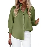 Cicy Bell Womens Button Down Shirts 3/4 Smocked Sleeve Blouse Dressy Casual Ruffle Neck Shirred Tops