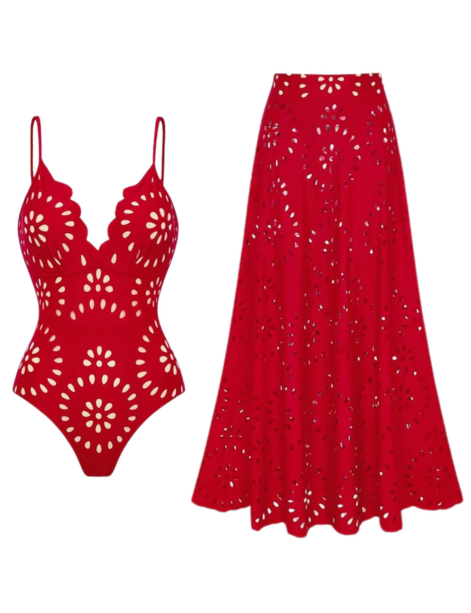 Photo 1 of FLAXMAKER Women's One Piece Bathing Suit Petal Hollow V Neck Swimsuit and Skirt(Red,XL)