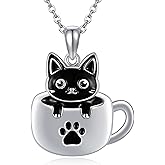 URONE Black Cat Necklace 925 Sterling Silver Cup Cat Pendant Cat Necklace Cute Animal Jewelry Gift for Women