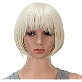 SWACC 10 Inch Short Straight Bob Wig with Bangs Synthetic Colorful Cosplay Daily Party Flapper Wig for Women with Wig Cap (Platinum Blonde)