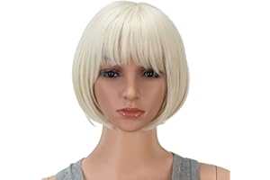 SWACC 10 Inch Short Straight Bob Wig with Bangs Synthetic Colorful Cosplay Daily Party Flapper Wig for Women with Wig Cap (Platinum Blonde)