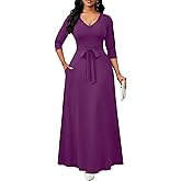 FANDEE Maxi Dress for Women, Long Casual Empire Waist Dresses 3/4 Sleeve V-Neck with Pockets