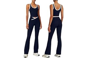 Womens Workout Sets 2 Piece Gym Yoga Outfits Crossover Flare Leggings V Neck Halter Crop Tank Top with Contrast Trim