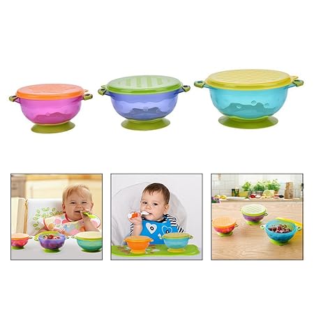 Xrten Set von 3 Baby Saugnapf Schüssel mit Deckel,Rutschfest Schälchen Set für Babys und Kleinkinder