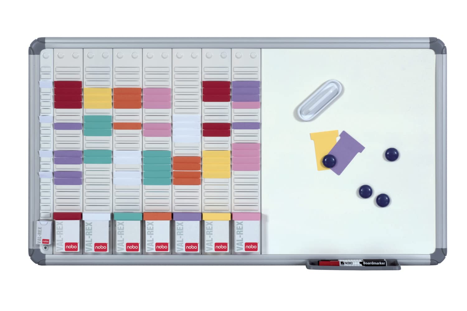 Nobo - Weekly Wall Planner Kit with Magnetic Whiteboard, Steel Surface, 7 Columns & 24 Slots, Index 2, T-Plug/Index/Marker/Magnets Included, 2951400