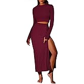 Pink Queen Women's 2 Piece Sweater Outfits Set Long Sleeve Crop Top Ribbed Split Bodycon Midi Long Skirt Knit Dresses