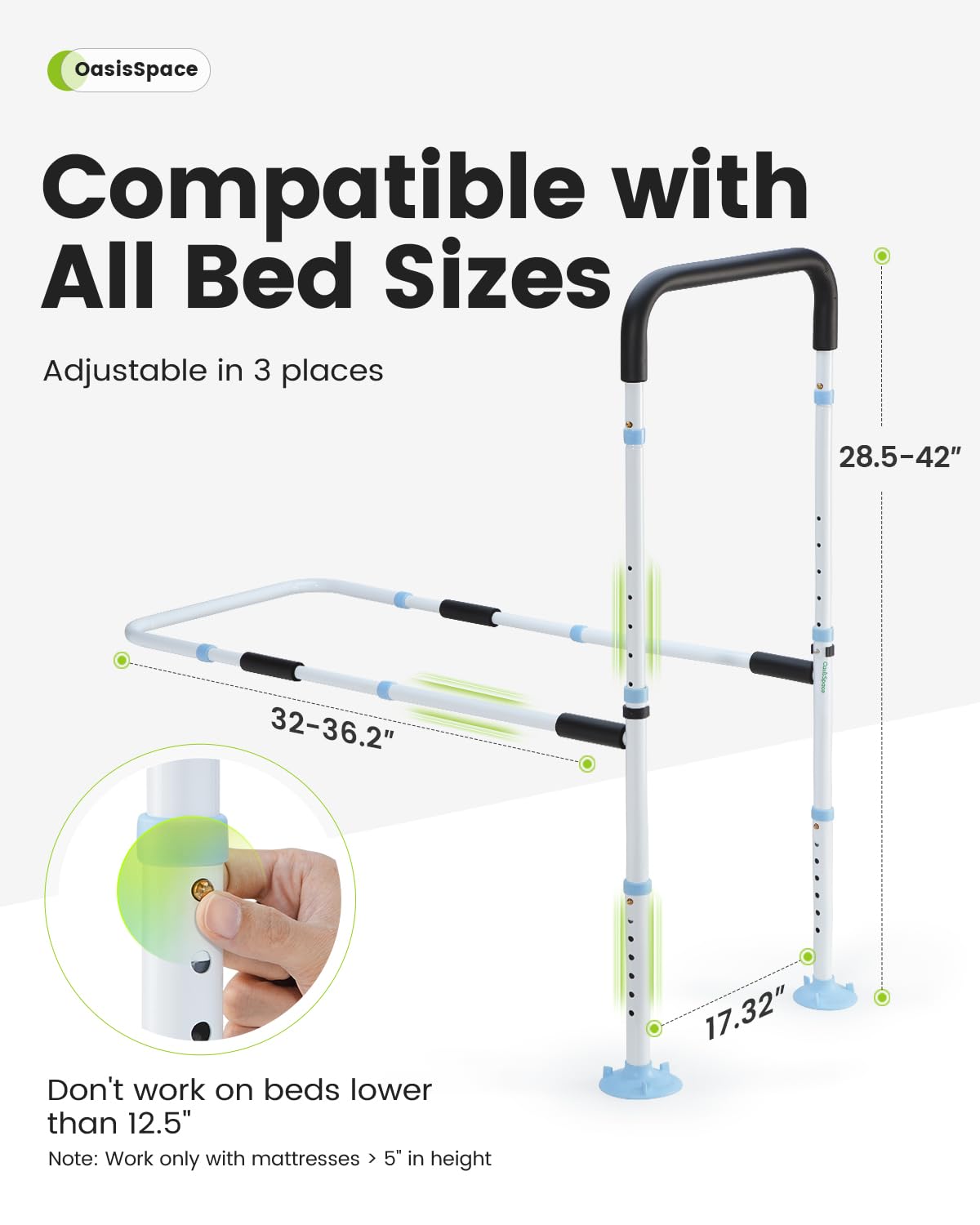OasisSpace Bed Rail for Seniors, Medical Adjustable Bed Assist Rail Handle and Fall Prevention Safety Hand Guard Grab Bar for Elderly, Handicap - Fit King, Queen, Full, Twin