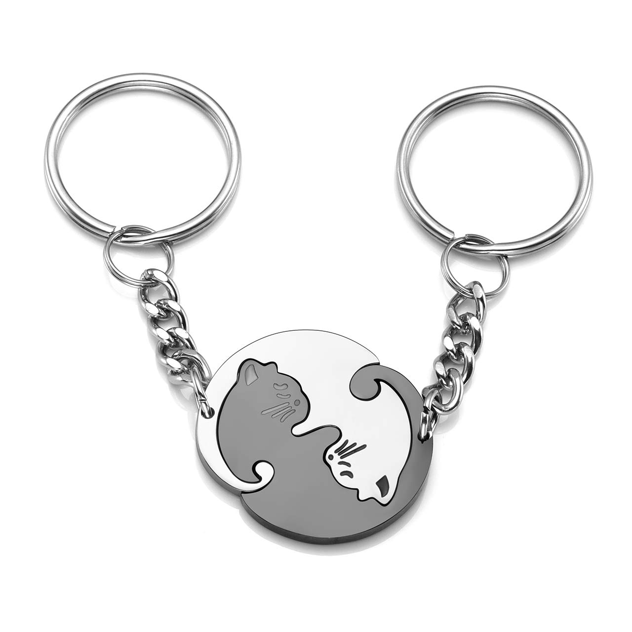 JSDDE Couples Keyrings Yin Yang Cat Keychain Stainless Steel Puzzle Cats Key Ring for His and Hers Friends Valentines Gifts (Silver & Black)