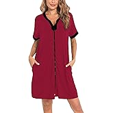 SWOMOG Women Zipper Front House Coat Short Sleeves Robe Zip up Bathrobes Short Nightgown with Pockets S-3XL