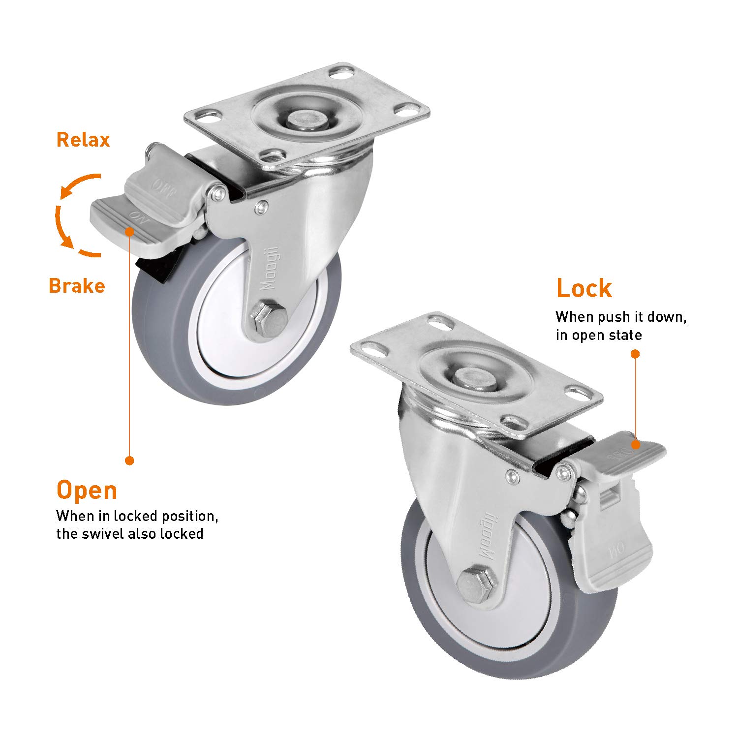 Moogiitools 5" TPR Swivel Rubber Casters Wheels with Safety Dual Locking Heavy Duty 1500lbs (Set of 4 with Brake): Industrial & Scientific