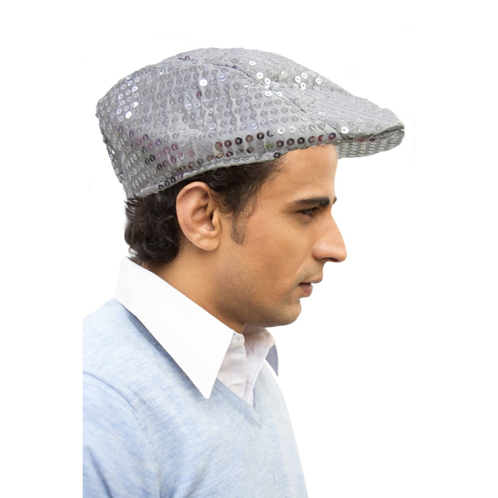 Dress Up America Sequined Flat Cap - Cabbie Hat For Men - Silver Sequin Newsboy Flat Cap For Men