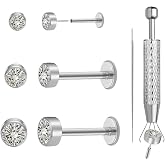 hooppoo 20G Moissanite &amp; Titanium Threadless Flat Back Studs for Women Men | 6-Piece push pin Labret Set, hypoallergenic for Nose, Helix, Cartilage, Tragus, Conch, and Lip Piercings Jewelry Gift