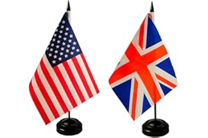 ZIGVERT 1 American and 1 British 8"x5" Miniature Desk & Table Flag, Includes 2 Flag Stands & 2 Small Mini Stick Flags, USA American & United Kingdom Flag,United Kingdom Flags ,United Kingdom Room Flag, Friendship Flags of the World