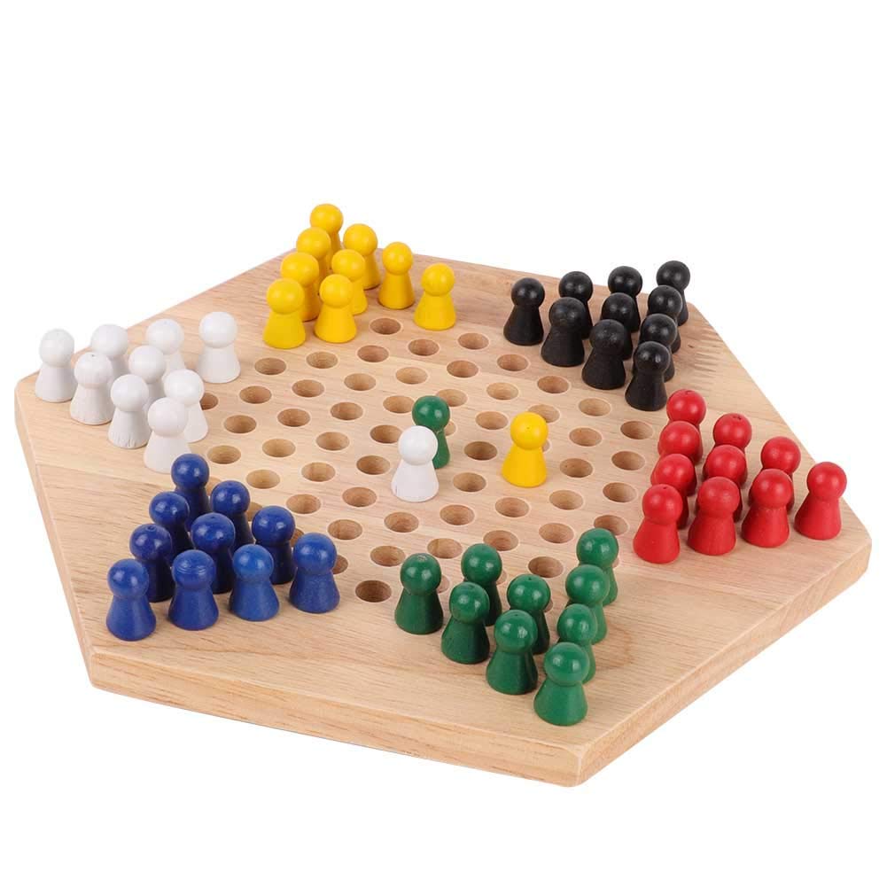 Wooden Chinese Checkers, 60 Marbles in 6 Colours for All Ages, Durable Rubber Wood Board Game Family Strategy Educational Toy