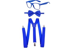 Pinsway Unisex Bow Tie and Suspenders Set, Glasses Frame Without Lenses, Blip Costume Party Accessories for Men Women Kids