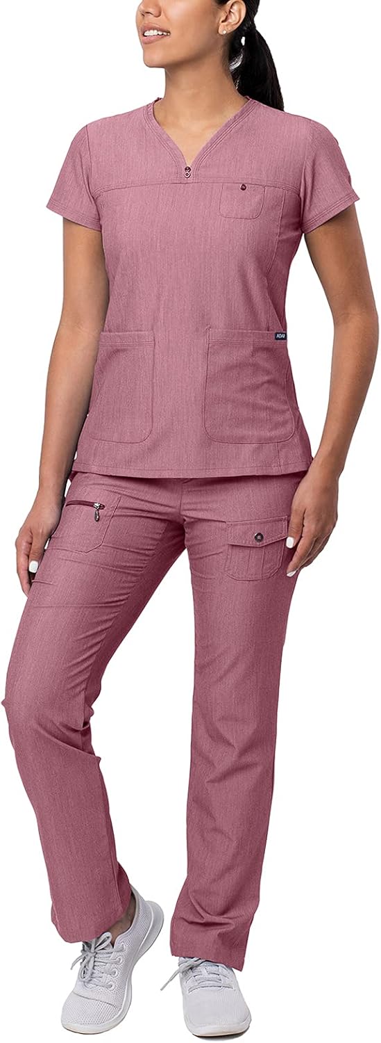 Adar Pro Everyday Expert Scrub Set for Women - Curved V-Neck Scrub Top & Tapered Drawstring Scrub Pants: Clothing