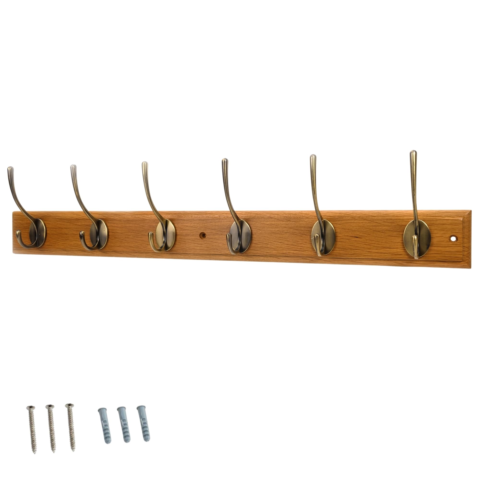 Keypak 6 Hook Oak Effect Wall Mounted Coat Rack with Victorian Antique Brass Hooks - Heavy Duty Wooden Board for Coats, Hats, Bags, Tools Space Saving Wall Storage Organiser, Fixings Included