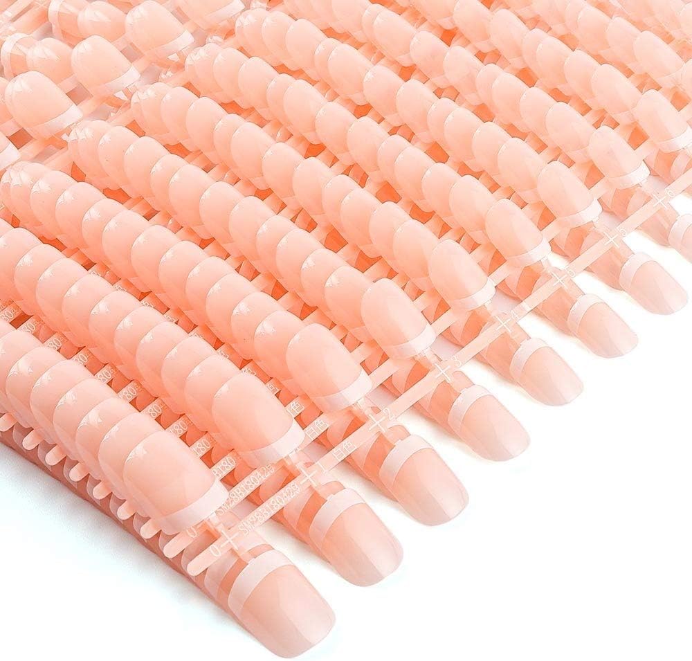 LIARTY 480 Pcs 12 Different Size Natural French Short False Nails with Gule Stickers, Acrylic Full Cover Fake Nails Tips for Girls Women