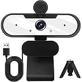 Gowzmnd HD 1080P Webcam with Built-in Microphone and Rotatable Tripod, 1080P Video and Wide Angle Camera, Privacy Cover, for Desktop PC or Laptop Computer （White）