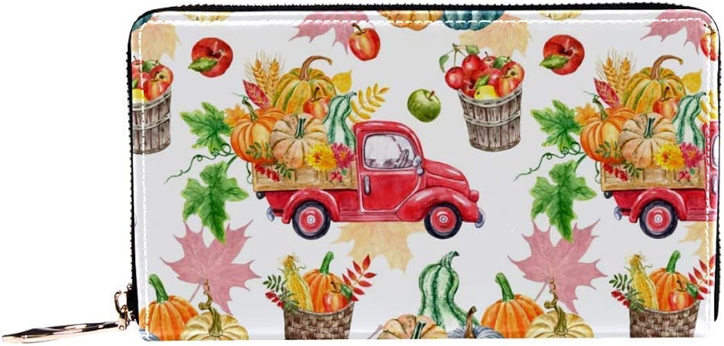 Amazon 革製の財布赤い車とカボチャのパターンの財布女性のためのポケットがたくさんあるカードホルダークラッチ男性女の子男の子小さなコンパクトな財布二つ折り レディースバッグ 財布