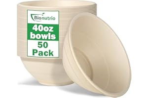 BIONUTRIO Eco-friendly 50 Pack Disposable Large Paper Bowls - 40oz, 100% Compostable, Sturdy Soup Bowls Perfect For Hot & Cold Food, Cereal, Salads