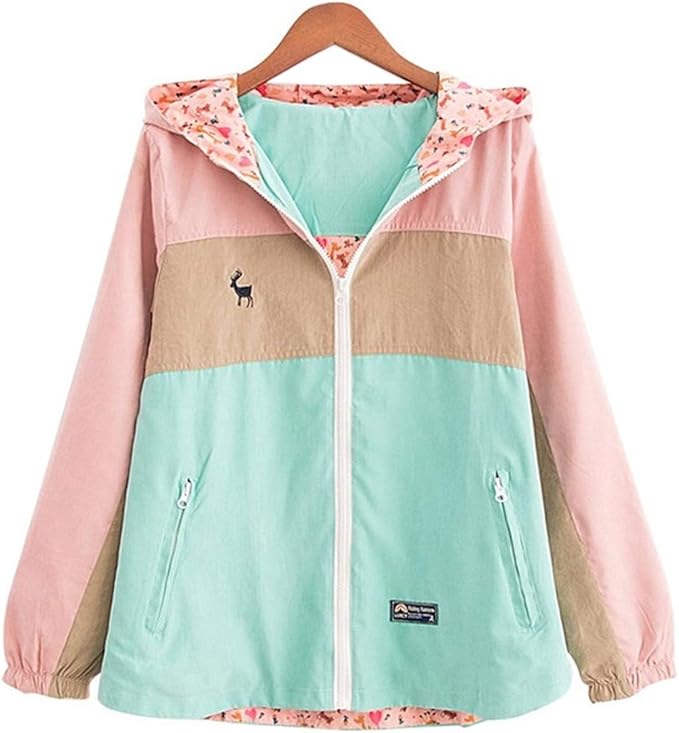 RCHAN Women Pastel Harajuku Kawaii Jackets Loose Pocket Zipper (Pink Green) Clothing