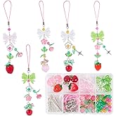 SUNNYCLUE 1 Box DIY 6 Sets DIY Phone Charm Making Kit Resin Strawberry Charms Cute Kawaii Food Peaches Leaf Spring Flower Pendants Cellphone Strap for Women Adults Lanyard Keychains Hand Bag