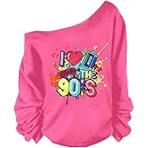 Women 80s Shirts 1980S Womens Disco Themed Graphic Outfits 80's Off The Shoulder Party Tops Oversized Long Sleeve Tee