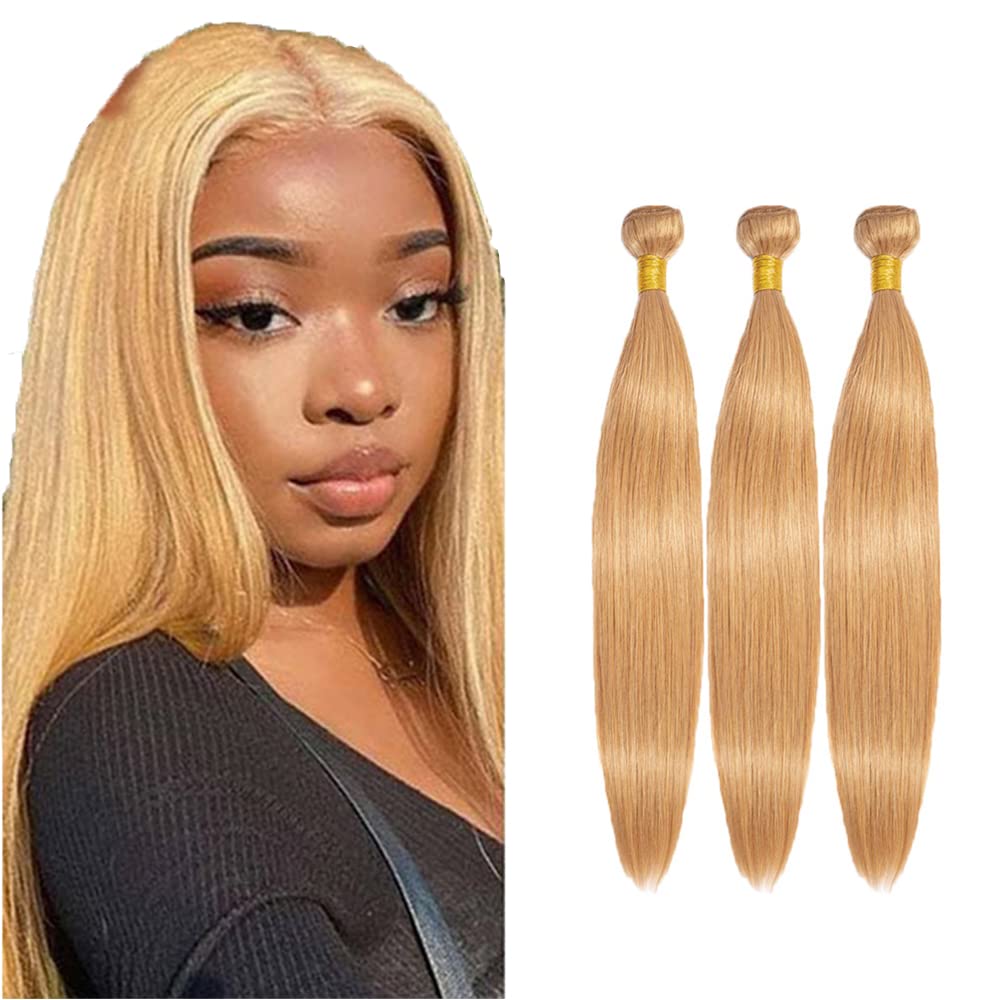 Photo 1 of #27 Blonde Bundles Human Hair Straight Bundles 16 18 20 Inch Honey Blonde Straight Bundle Human Hair Extensions Unproceesed Virgin Hair 50 Gram Per Bundle 3 Bundle for Black Women