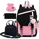 Nmkopzy 4 Pcs Girls School Backpack Kids Bookbag with Lunch Box and Case,17 Inch Teen Girls Boys Pink Backpacks for Primary Middle School