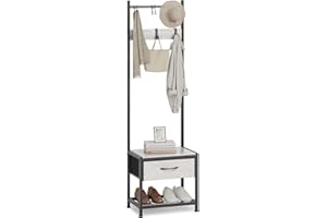 HOMEKOKO Narrow Coat Rack Shoe Bench, Hall Tree for Small Place with Drawer Storage, Shoe Bench with Cubby Storage, Wood Look Accent Furniture with Metal Frame, 3-in-1 Design (Greige)