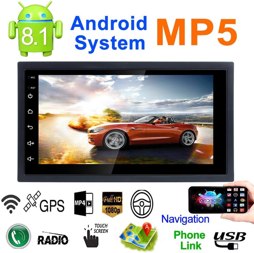 REAKOSOUND 7'' Double DIN Android 8.1 MP5 Car Multimedia Player GPS Navigator Steering Wheel Control FM/AM Radio WiFi Bluetooth Hand-Free Calls Dual USB Fast Charging HD Rear View Camera Mirror Link