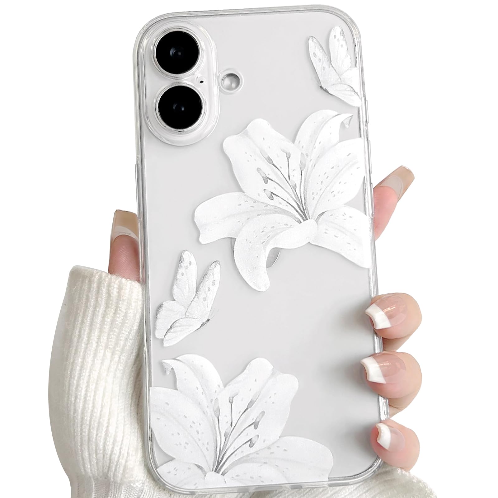 NITITOP Compatible for iPhone 17 Case Clear Cute Butterfly Lily Flower Floral Pattern for Women Girls Full Camera Lens Clear Slim Shockproof Protective Phone Cover - White
