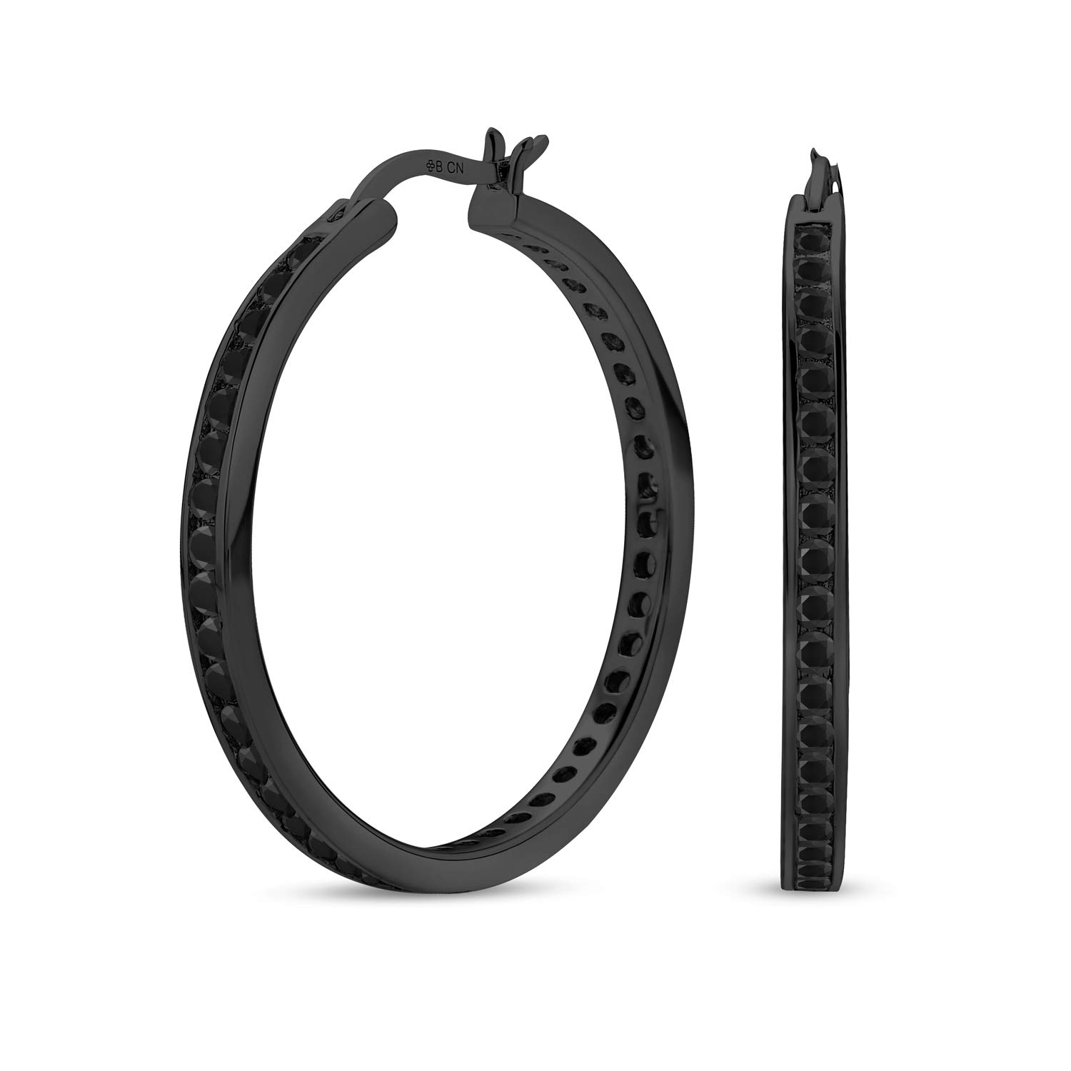 Black On Black Cubic Zirconia Pave CZ Large Statement Big Hoops Earring For Women IP Plated .925 Sterling Silver 1.5 Inch Diameter — image 1