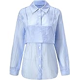 winkbay Women's Oversized Button Down Shirts Striped Tie Back Sheer Long Sleeve Dressy Casual Blouses