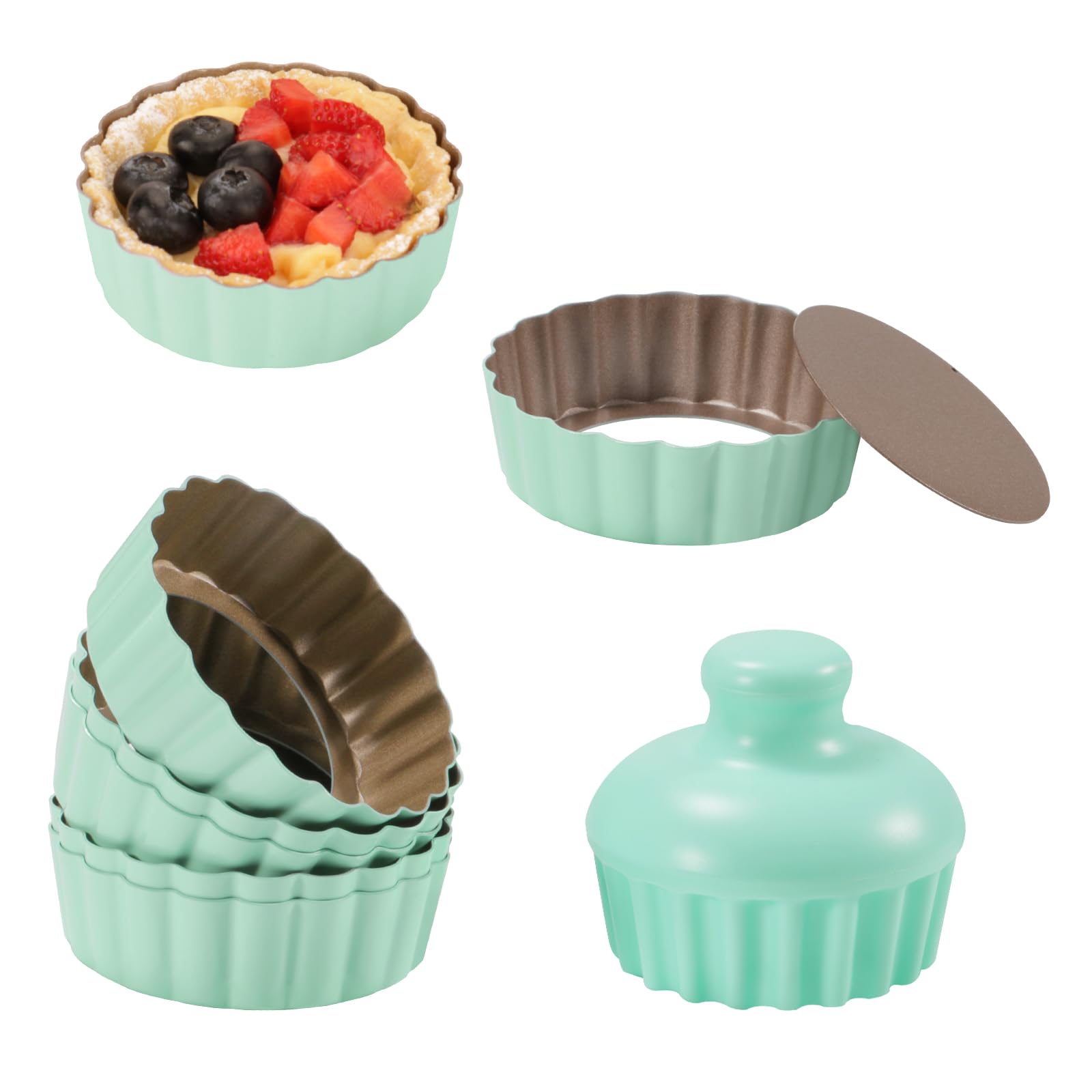 LIFVCNT Mini Tart Pan with Tamper, Non-Stick 4-Inch Carbon Steel Mini Pie Pan for Baking, Green Mini Quiche Pan Tin Shell Mold with Removable Bottom for Cheesecake Cupcake Muffin