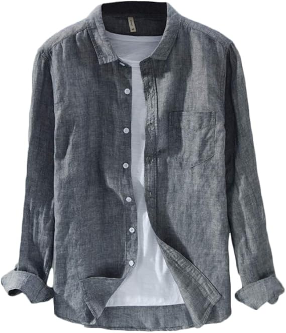 Mens Cotton Linen Blend Shirt Solid Color Casual Long Sleeve Tops with