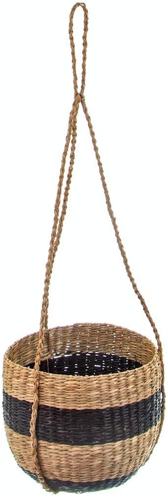 Sass & Belle Black Stripe Seagrass Hanging Planter, Black, Brown