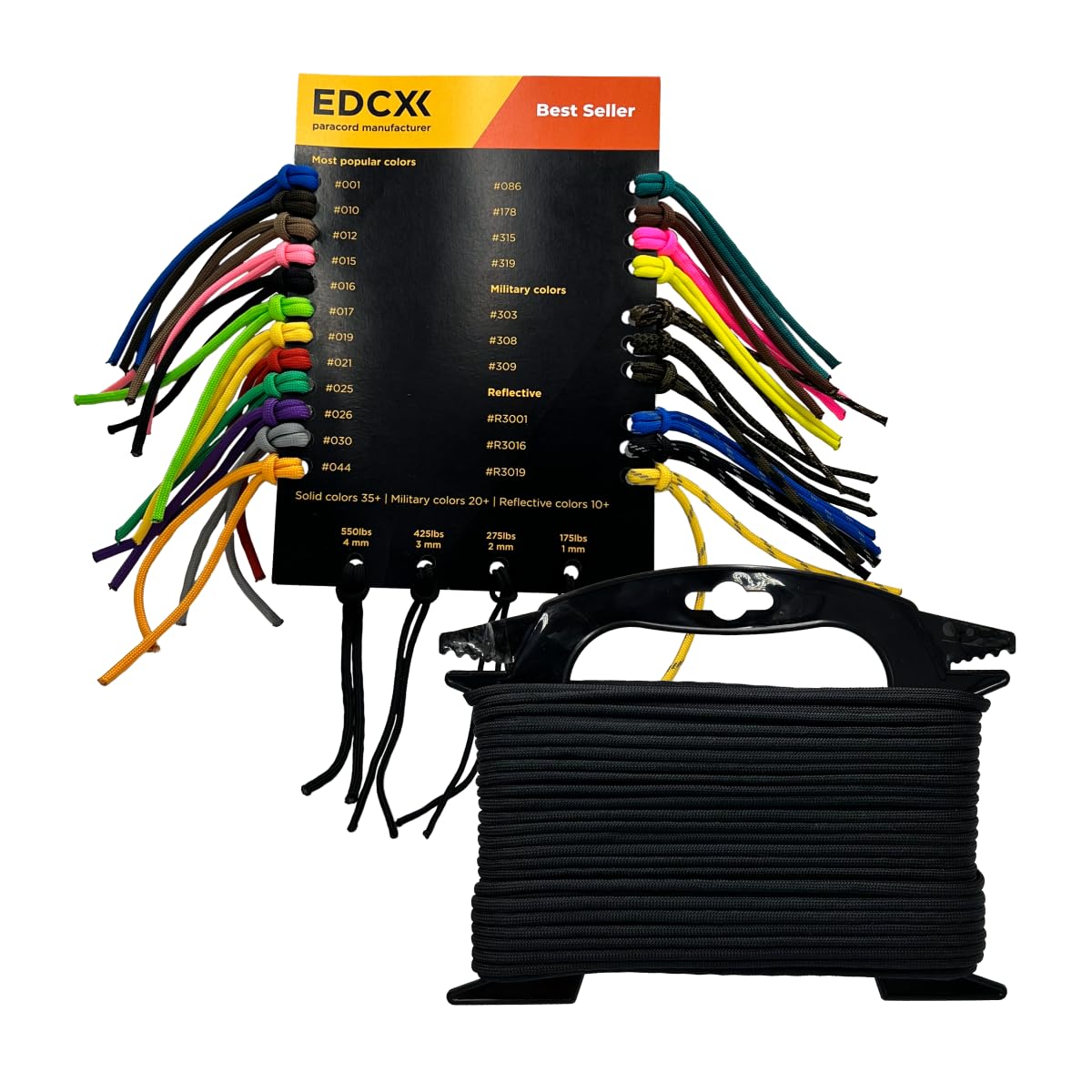 EdcX Paracord 4mm, 35+ Solid Colors (10m, 15m, 30m, 50m, 100m, 300m) | Ideal for Crafting, DIY, Camping, Survival, Outdoor | 100% Nylon Rope 4mm | (Black 30m on Winder + Catalog)