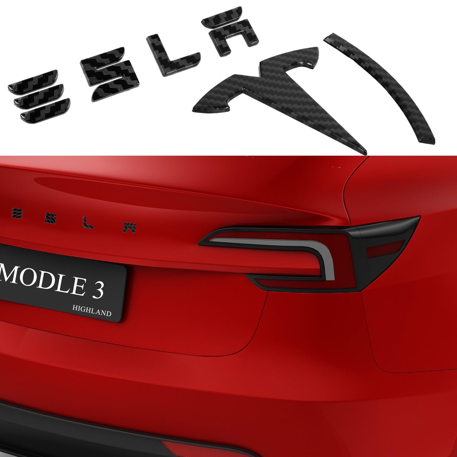 Photo 1 of 2026 Emblem Covers for Tesla Model 3 Highland Accessories 2025 2024 Front and Rear Logo Caps, No Removal Badge, ABS Stickers 2 PCS Carbon Fiber Pattern (Model 3 Highland 2024+)
