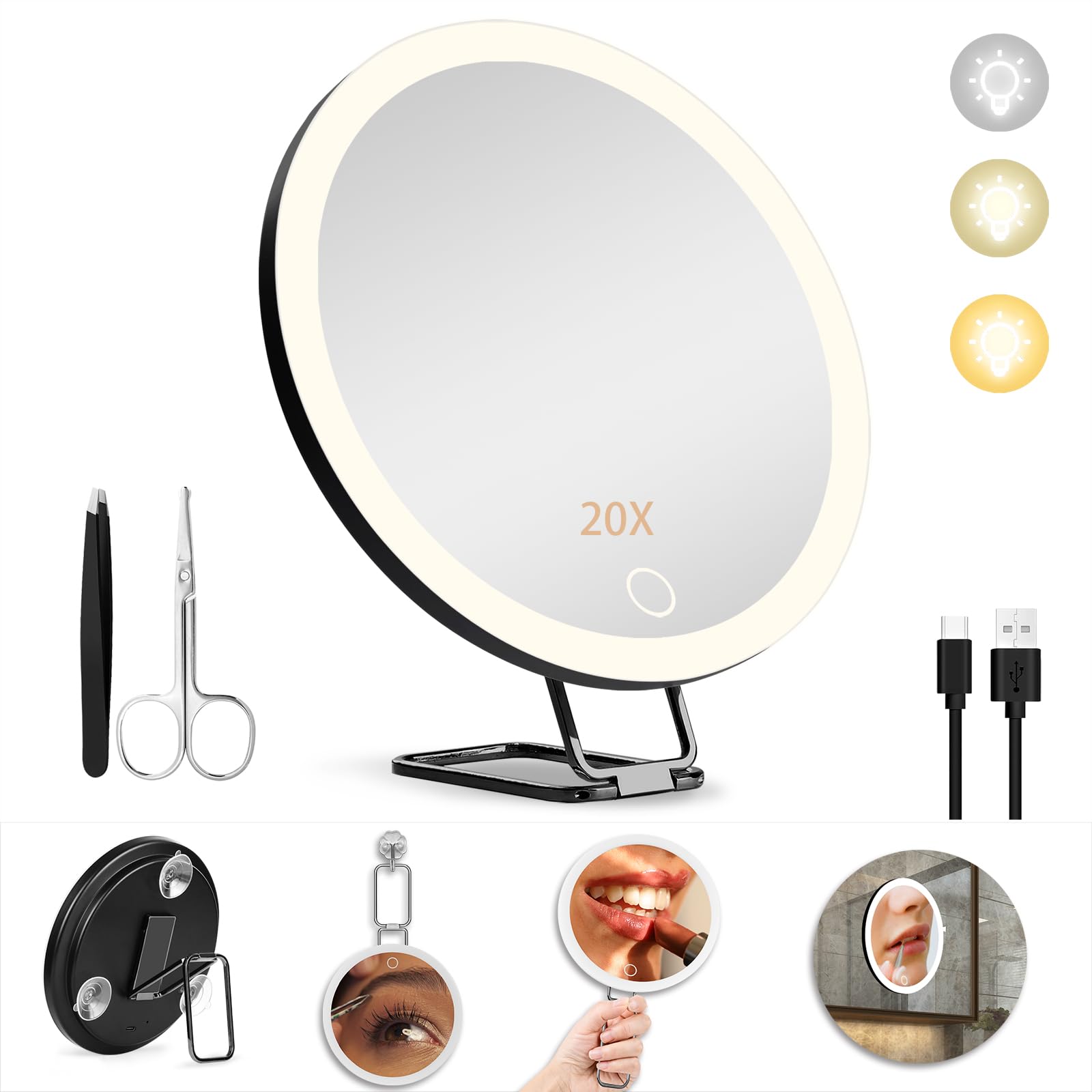 JJhxr 20X Magnifying Mirror with Light,6" Large Makeup Magnifying Mirror,3 colors Dimmable Makeup Mirror with 360° Table Stand,Portable, 3 Suction Cups(Black)